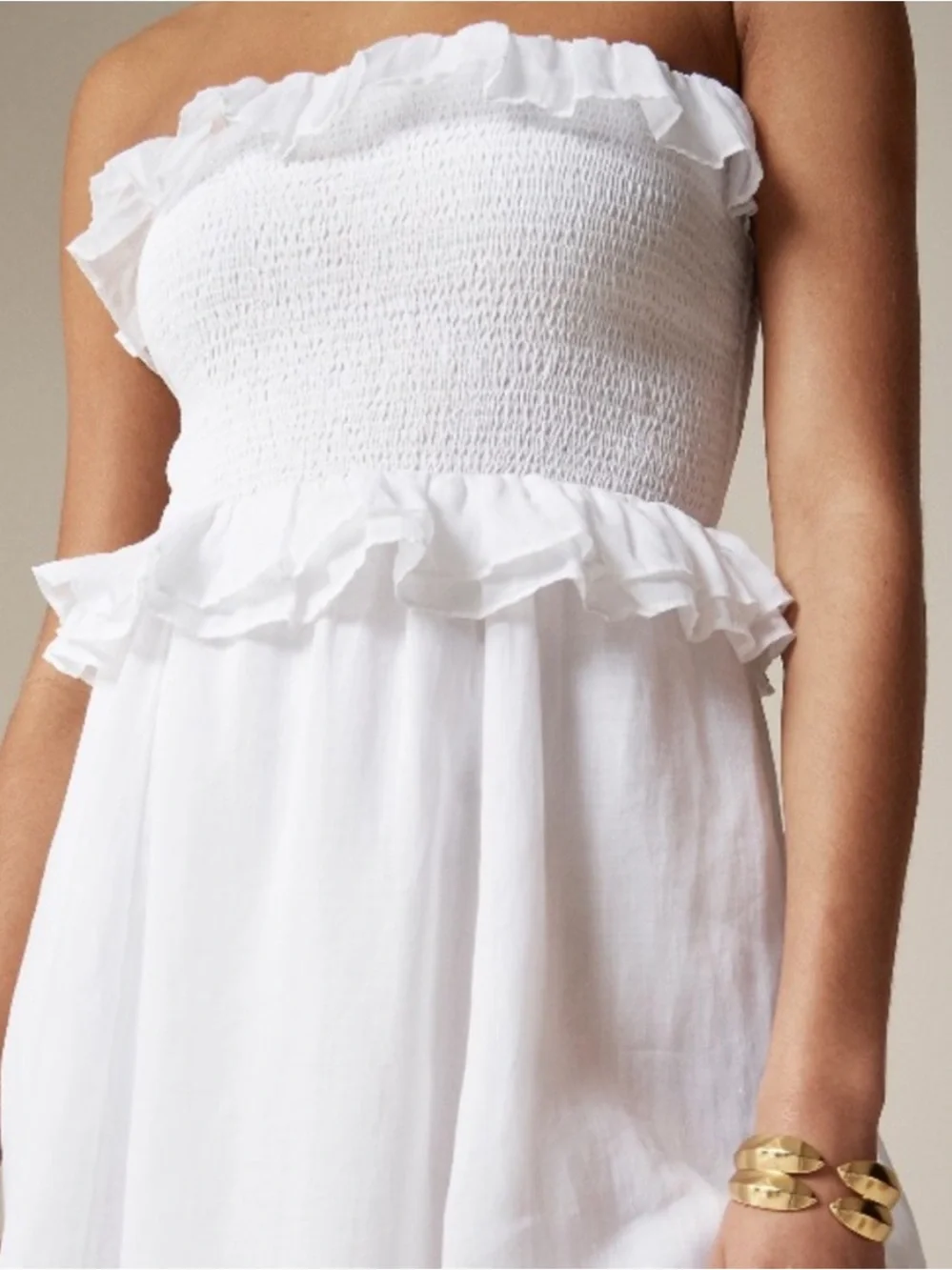 J.CREW | Ravenna White Ramie Smocked Midi Dress Ruffle Trim Size L